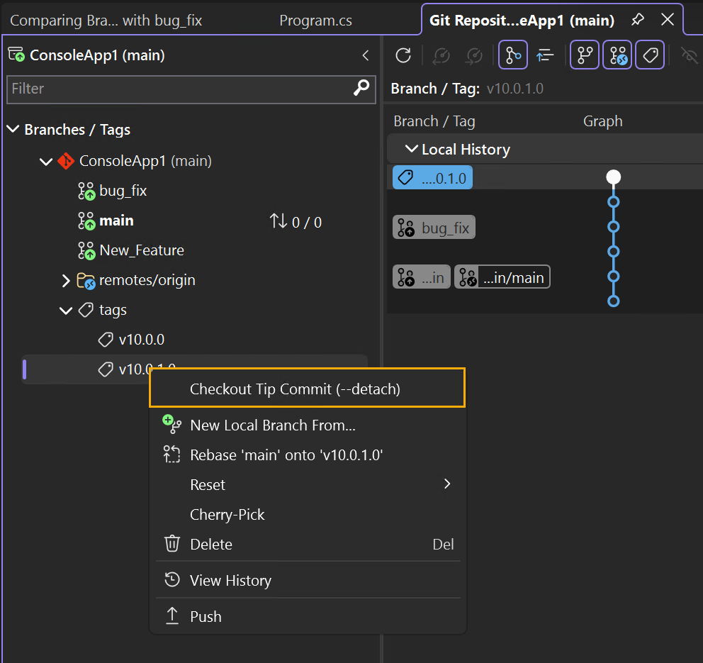 Screenshot che mostra l'opzione Checkout Tip Commit.