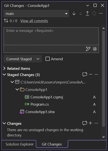 Screenshot che mostra la finestra di dialogo Commit Git in Visual Studio.