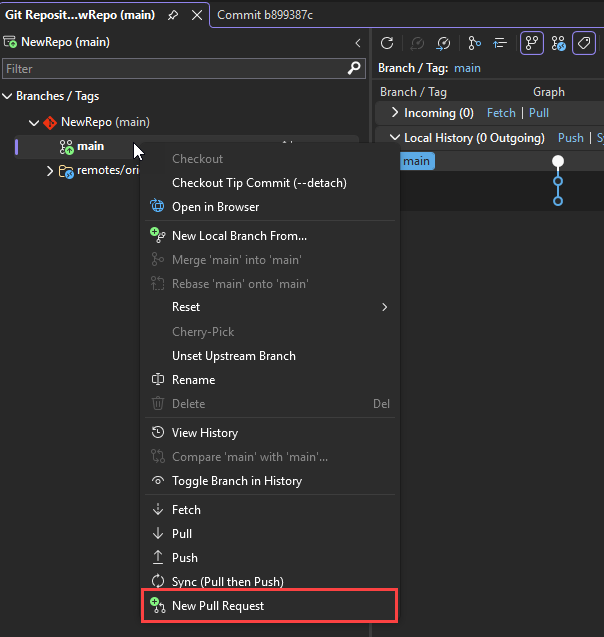 Screenshot che mostra la finestra Repository Git. Il comando Nuova richiesta pull è evidenziato.