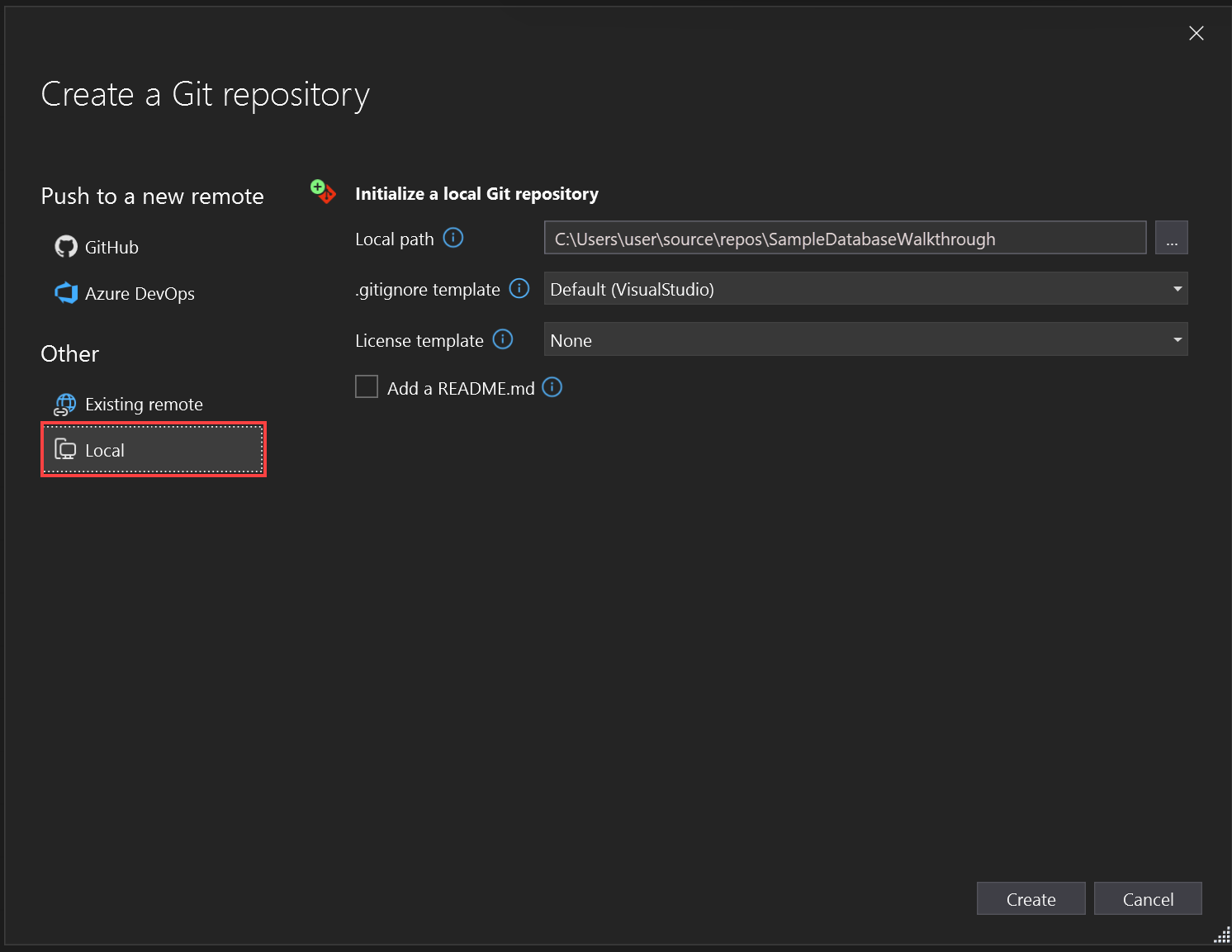 Screenshot della schermata Crea repository Git che mostra l'opzione Locale.