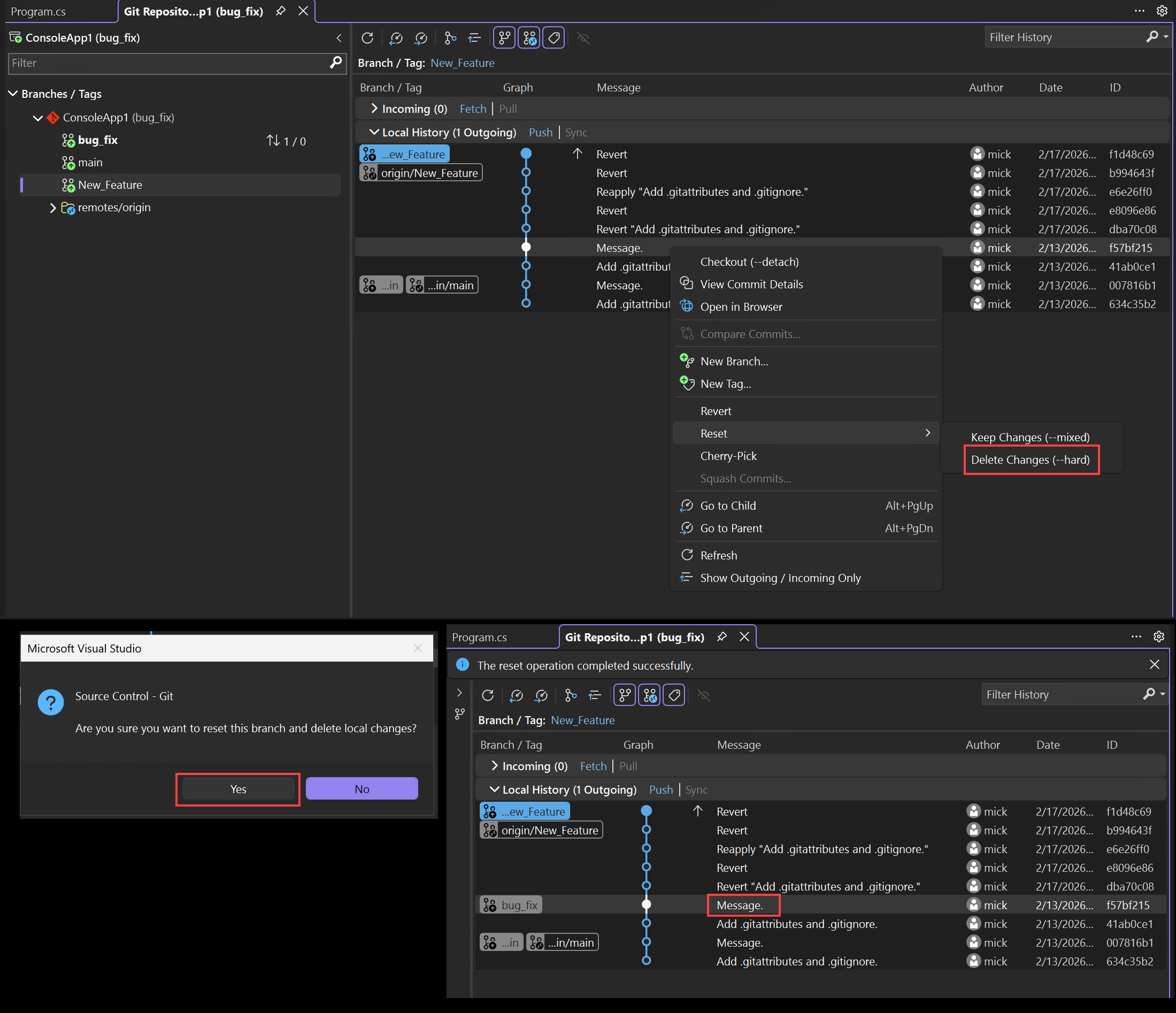 Screenshot che mostra la reimpostazione di un ramo in Visual Studio.