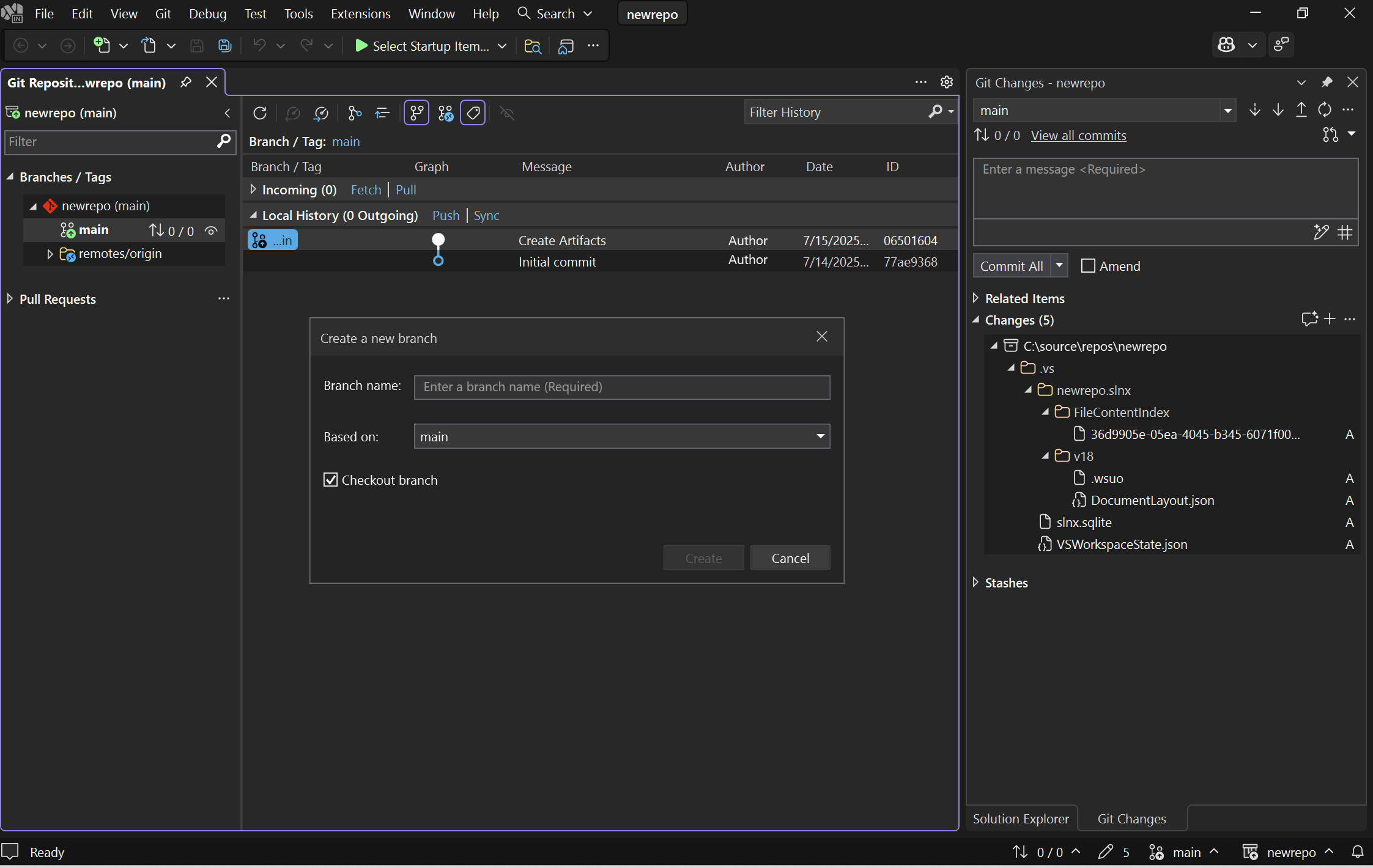 Screenshot che mostra l'IDE di Visual Studio. Vengono visualizzate la finestra Crea un nuovo ramo e la scheda Modifiche Git in Esplora soluzioni.