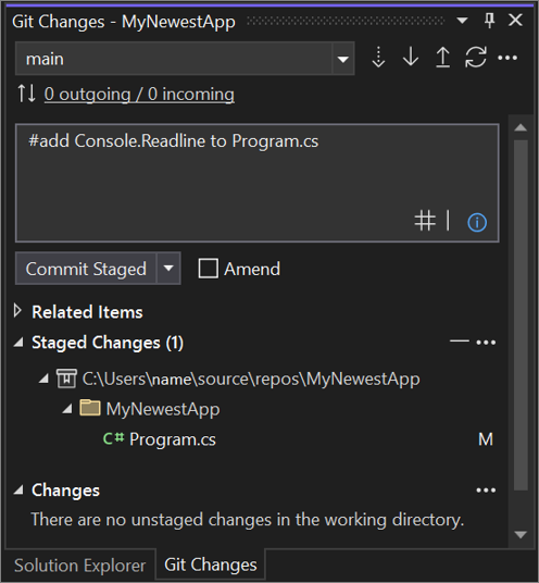 la finestra di dialogo del Commit Git in Visual Studio 2022.