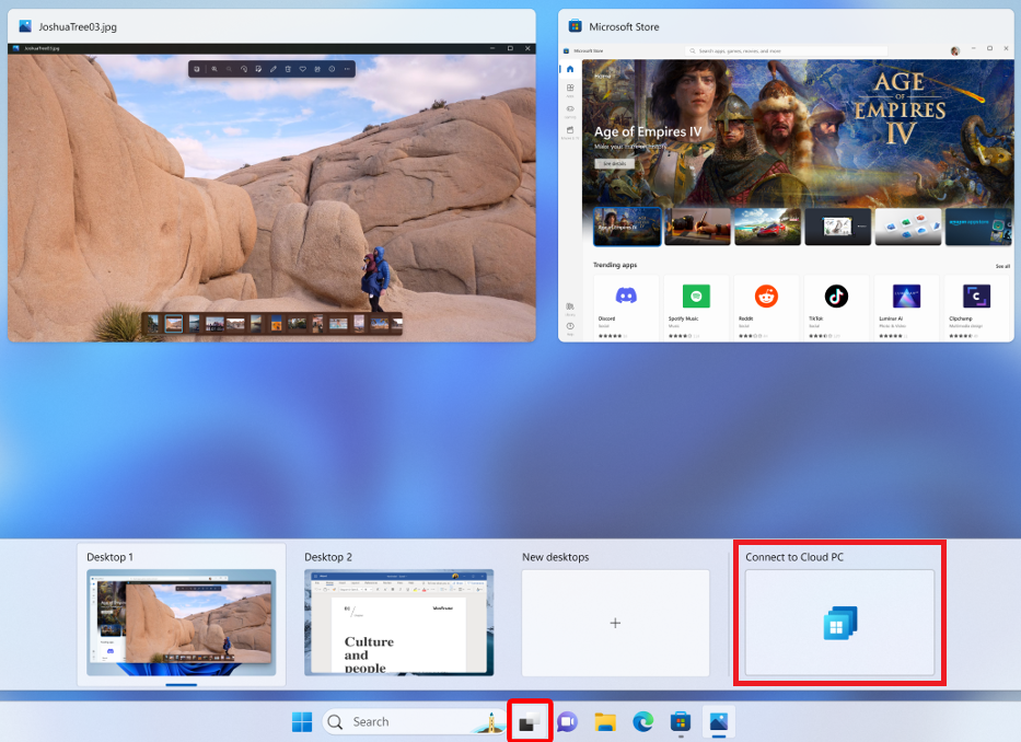 Screenshot che mostra un Cloud PC aggiunto alla Visualizzazione attività in Windows 11.