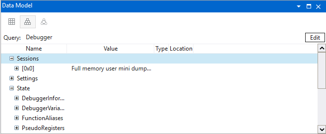 Screenshot della finestra del modello di dati in WinDbg con funzionalità espandibili ed esplorabili.