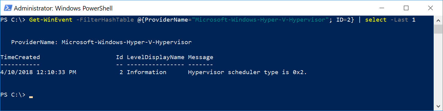 Screenshot di una finestra di PowerShell. Un comando interroga l'evento di lancio dell'hypervisor più recente con ID 2. L'output mostra il tipo di pianificatore come 0x2.