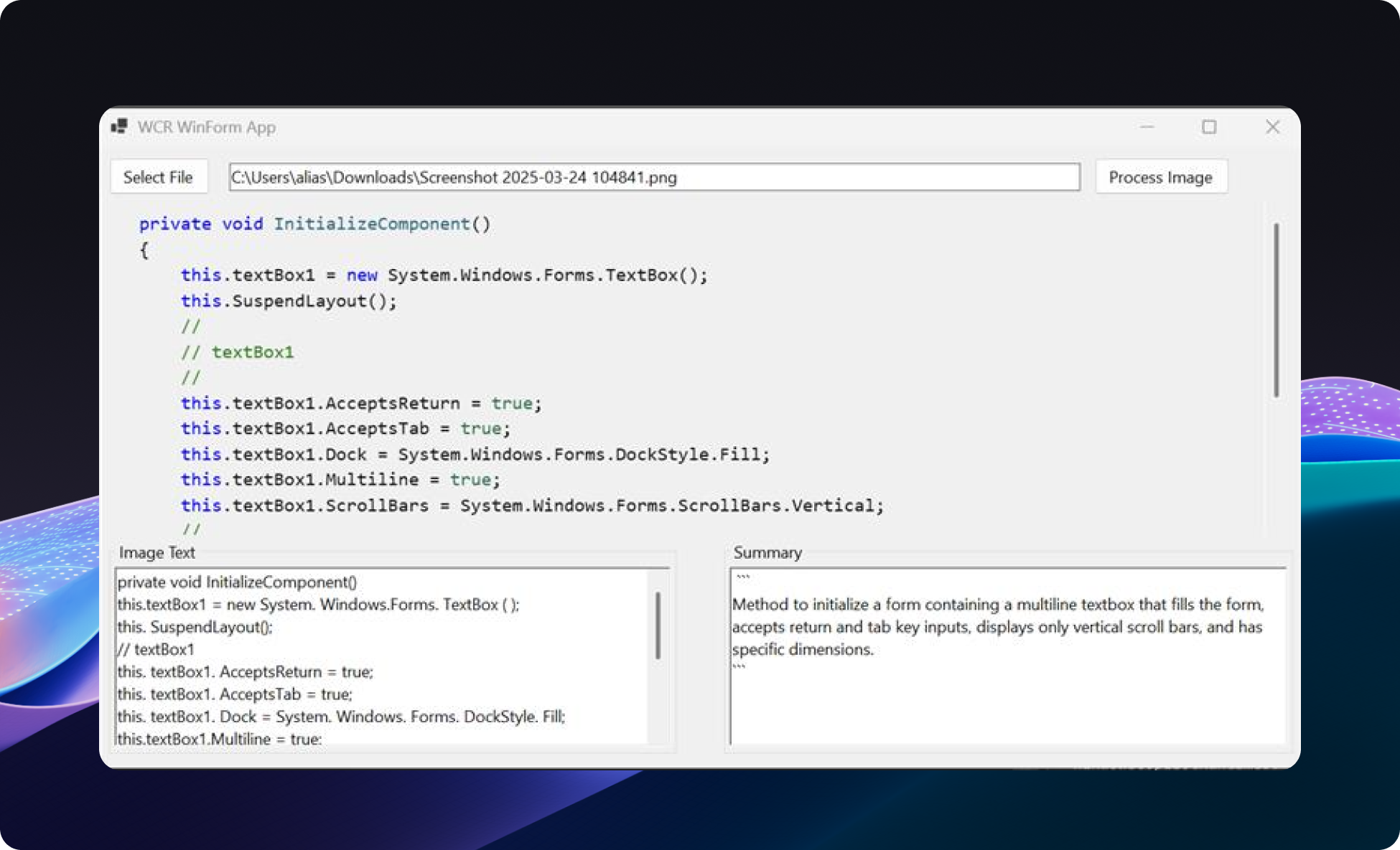 App di esempio dopo l'acquisizione del testo dell'immagine (visualizzata nella casella in basso a sinistra) e il riepilogo del testo dell'immagine (visualizzato nella casella inferiore destra).