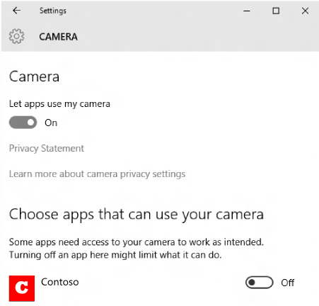 Screenshot delle impostazioni di privacy della fotocamera di Windows.