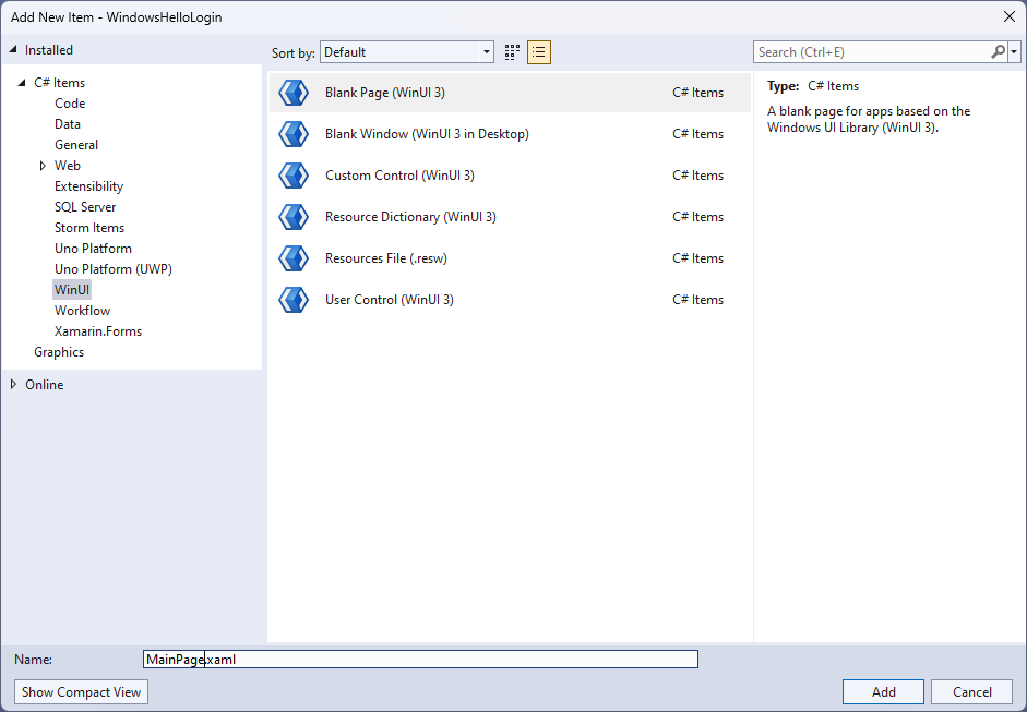 Uno screenshot dell'aggiunta di una nuova Pagina Vuota al progetto di accesso di Windows Hello