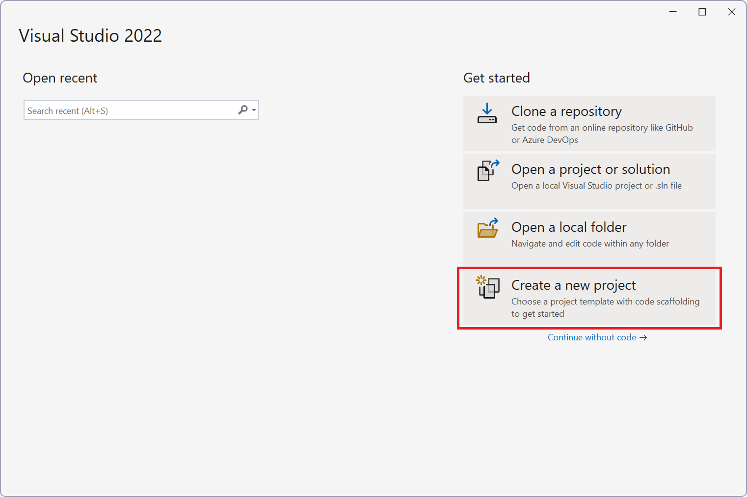 Screenshot della finestra iniziale Visual Studio.