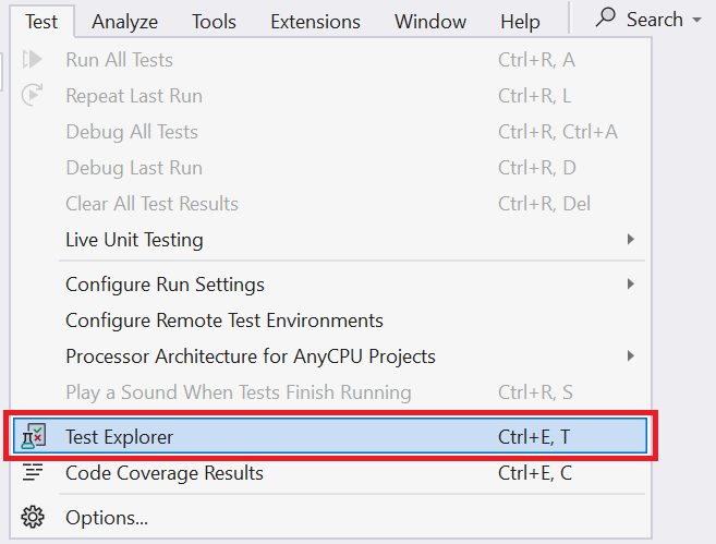 Screenshot del menu Test in Visual Studio.