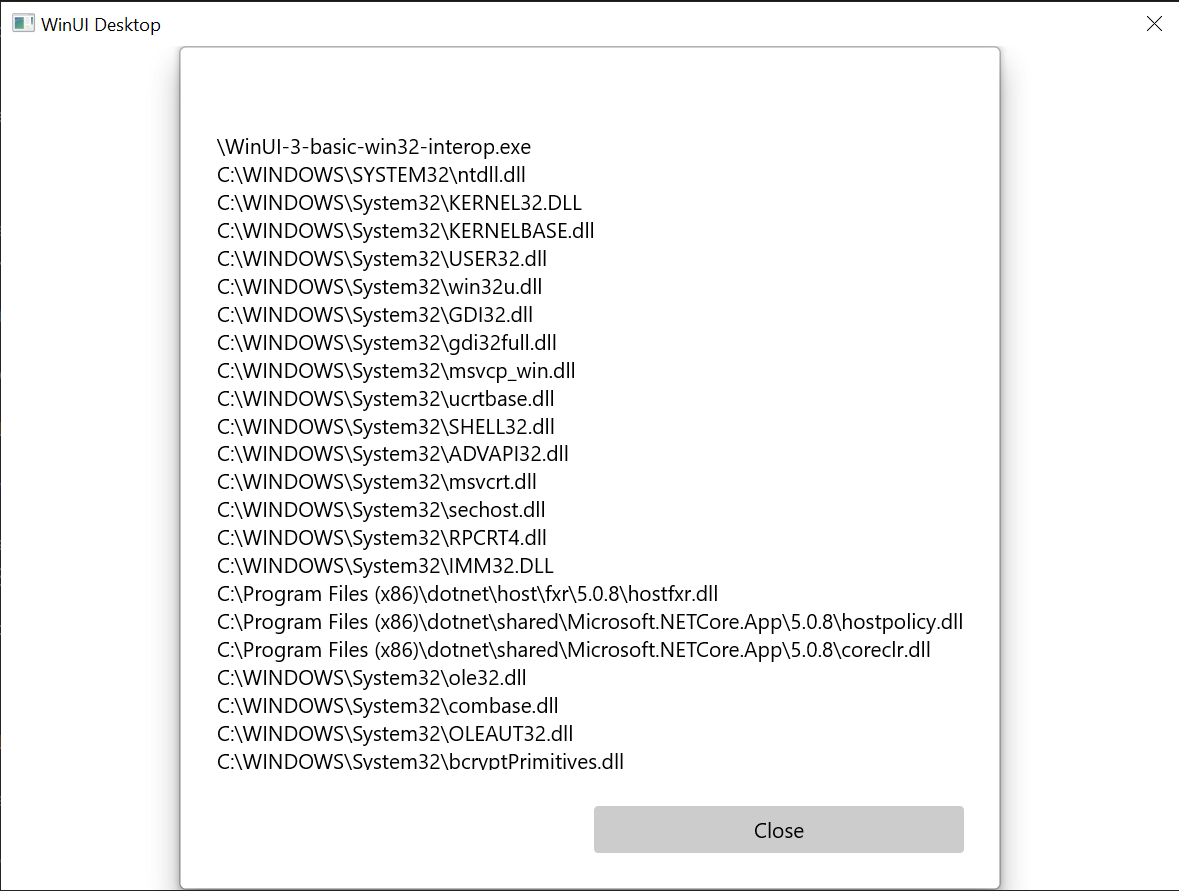 Screenshot dell'applicazione di interoperabilità Win32 di base descritta in questo argomento.