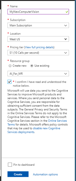 Screenshot delle informazioni sulla creazione del servizio.
