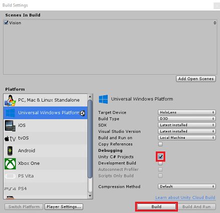 Screenshot che mostra come compilare l'app da Unity.