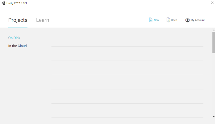 Screenshot della finestra dei progetti Unity. Non vengono visualizzate informazioni sul progetto.