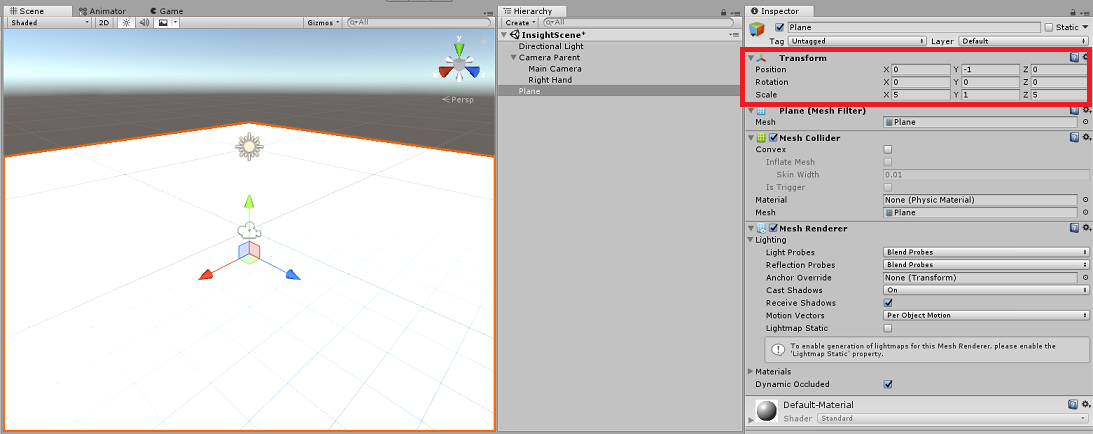 Screenshot dei pannelli Scena, Gerarchia e Controllo. La sezione Trasforma nel pannello Controllo è evidenziata.