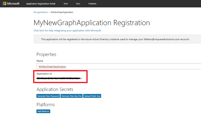 Screenshot che mostra dove visualizzare l'ID applicazione.