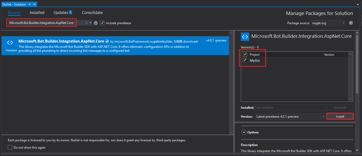 Screenshot che mostra l'Nu-Get Gestione soluzioni.