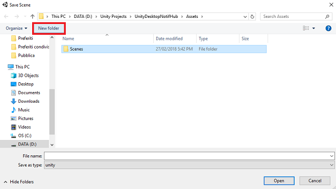 Screenshot che mostra una nuova cartella Scenes creata con
