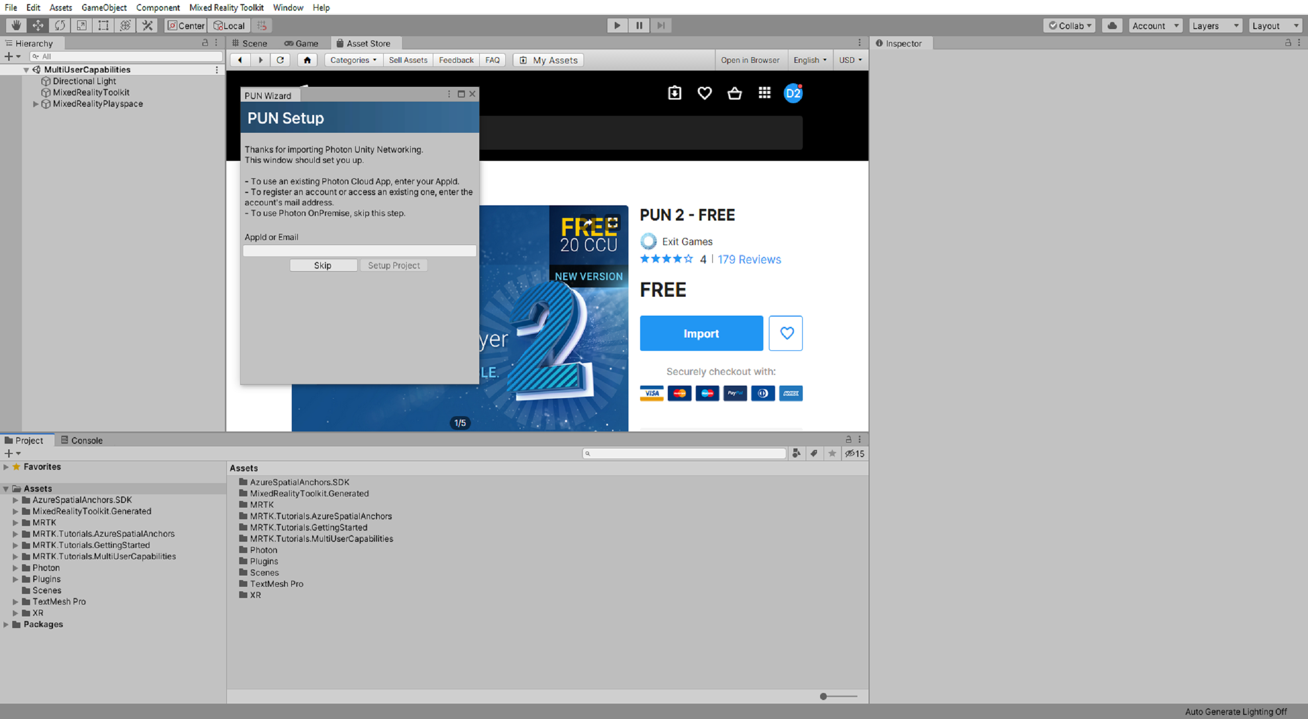 Unity con la finestra di configurazione PUN