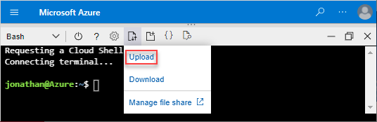 [ファイルのアップロード] オプションが強調表示されている Cloud Shell インターフェイスのスクリーンショット。