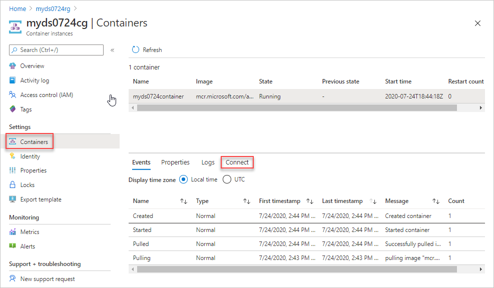 Azure portal のデプロイ スクリプトの [コンテナー インスタンスの接続] オプションのスクリーンショット。