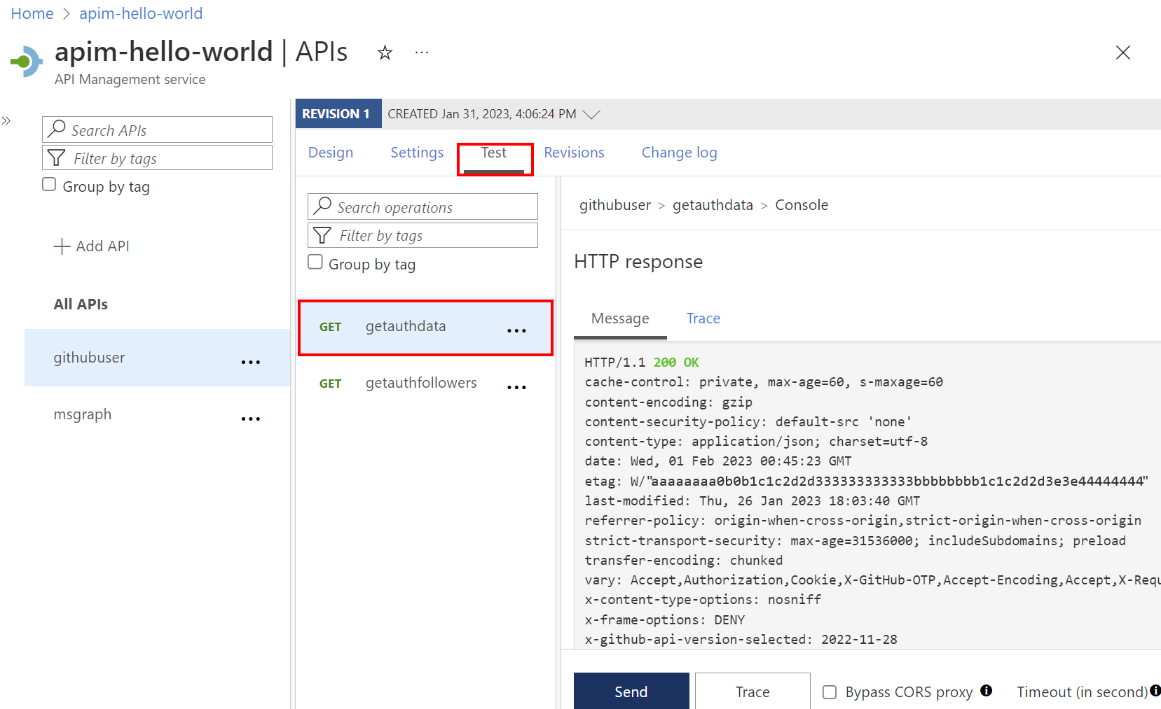 ポータルで API を正常にテストするスクリーンショット。
