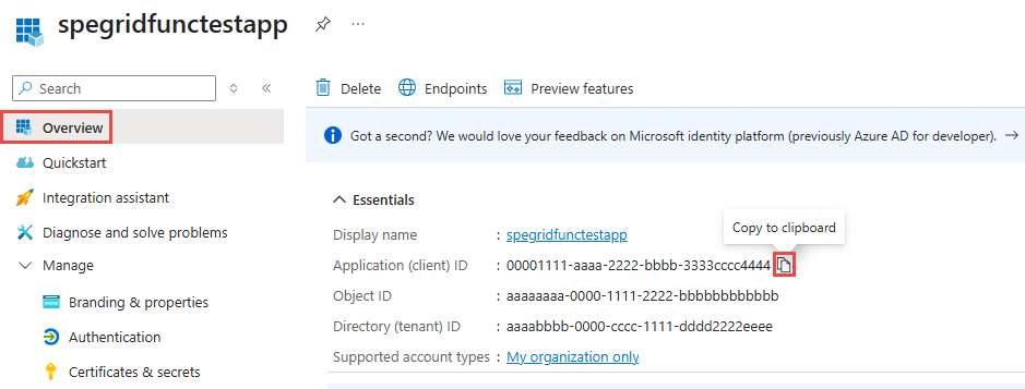 アプリケーション (クライアント) ID が強調されている Microsoft Entra ID アプリの [概要] ページを示すスクリーンショット。