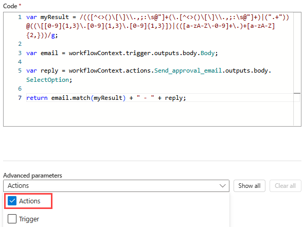 Actions パラメーターが選択された JavaScript コードの実行アクションを示すスクリーンショット。
