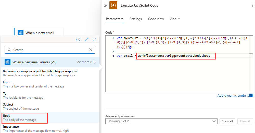 従量課金ワークフロー、JavaScript コードの実行アクション、動的コンテンツ リスト、電子メール メッセージの Body プロパティが選択されていることを示すスクリーンショット。
