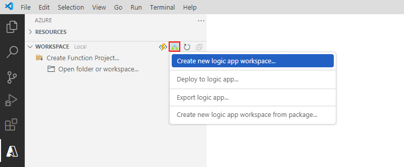 スクリーンショットには、Azure ペイン、ワークスペース ツール バー、Azure Logic Apps メニュー、選択した項目、[新しいロジック アプリ ワークスペースの作成] が示されています。