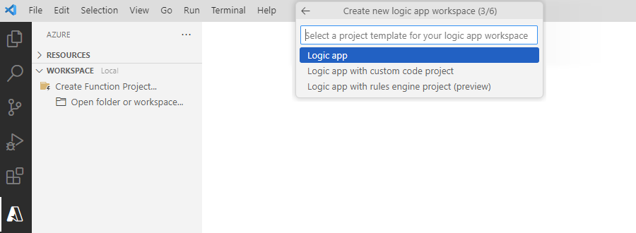 ロジック アプリのオプションが選択されたプロジェクト テンプレートを選択するプロンプトを示すスクリーンショット。