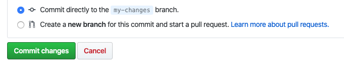 GitHub インターフェイスの [変更のコミット] ボタンを示すスクリーンショット。