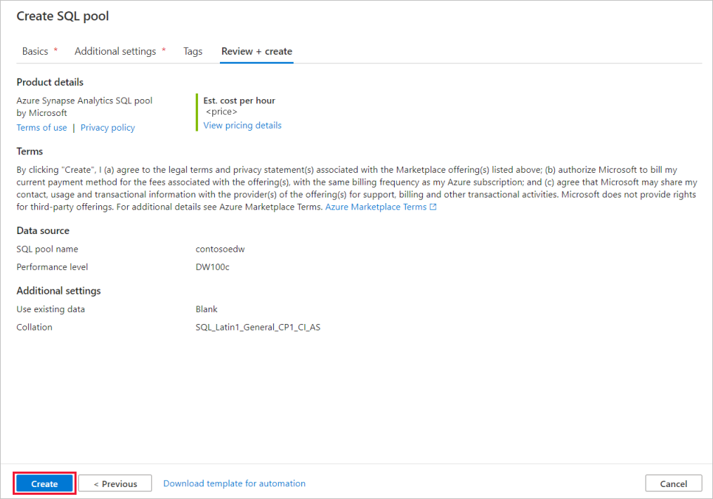 [SQL プールの作成フロー - 設定の確認] タブのスクリーンショット。