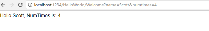 U R L ローカル ホスト コロン 1 2 3 4 スラッシュ Hello World スラッシュウェルカム疑問符の名前が Scott で、num times が 4 であるブラウザー ウィンドウを示すスクリーンショット。ウィンドウ内のテキストは Hello Scott Num Times が 4 です。