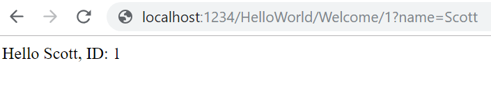 U R L ローカル ホスト コロン 1 2 3 4 スラッシュ Hello World スラッシュようこそスラッシュ 1 疑問符名が scott と等しいブラウザー ウィンドウを示すスクリーンショット。ウィンドウ内のテキストは Hello Scott ID 1 です。