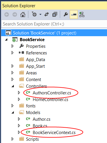 Authors Controller dot c s ファイルと Book Service Context dot c s ファイルが赤で囲まれた [ソリューション エクスプローラー] ウィンドウのスクリーンショット。