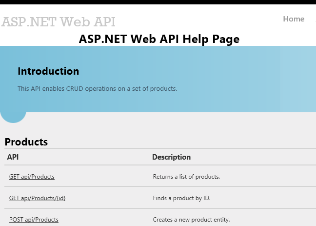 [A S P dot NET A P I] ヘルプ ページのスクリーンショット。選択できる A P I 製品とその説明が示されています。
