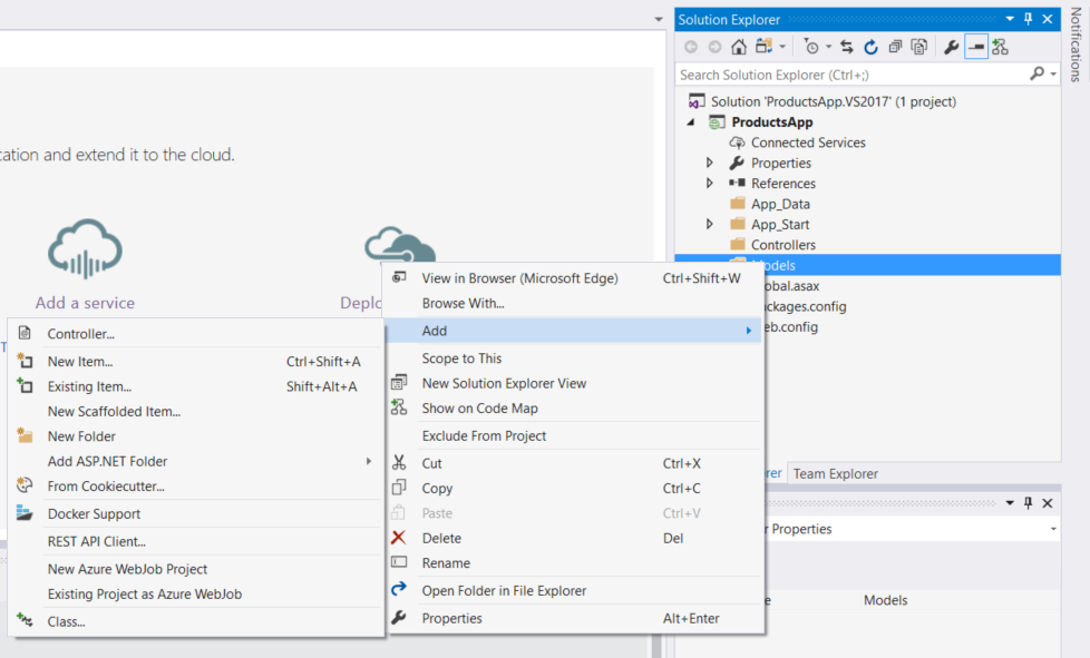 ソリューション エクスプローラー メニューのスクリーンショット。クラスを追加する方法を示す models フォルダーにあるオプションが表示されています。