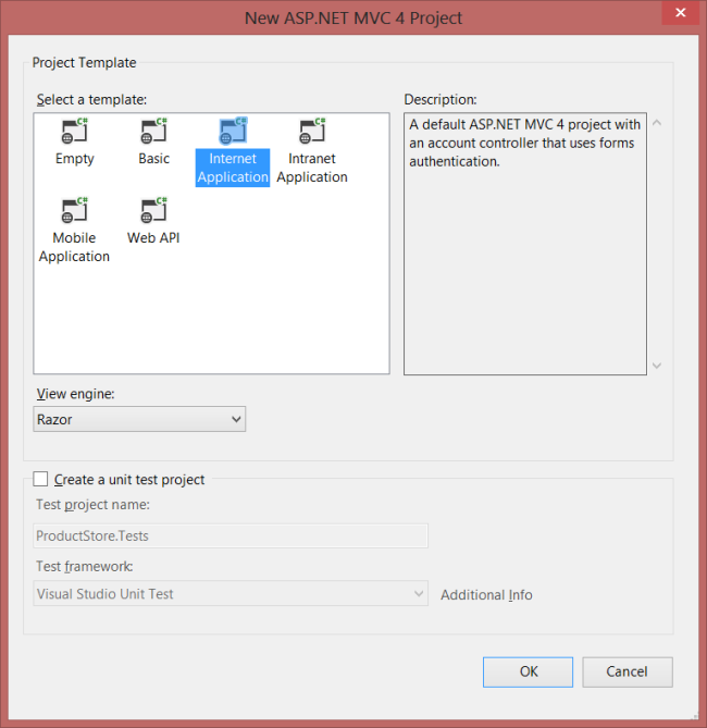 Visual Studio の新しい A S P ドット ネット M V C 4 プロジェクト画面のスクリーンショット。インターネット アプリケーション テンプレートが強調表示されています。