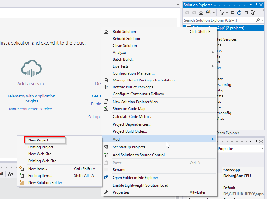 ソリューションに新しいプロジェクトを追加する