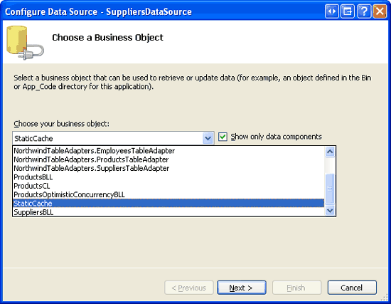 StaticCache クラスを使用するように ObjectDataSource を構成する