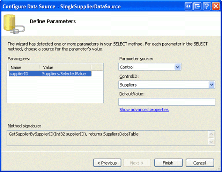 supplierID パラメーター ソースとして Suppliers DropDownList を使用する