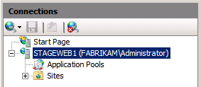 IIS マネージャーの [接続] ウィンドウで、サーバー ノード (STAGEWEB1 など) を展開します。