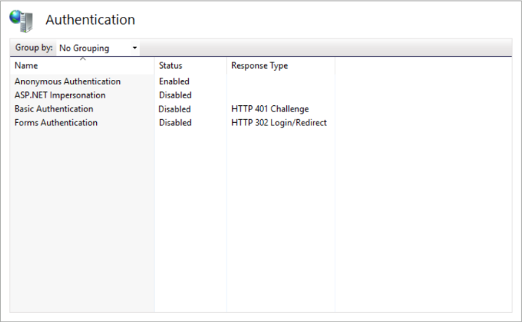 中央のウィンドウの [IIS] で、[認証] をダブルクリックします。
