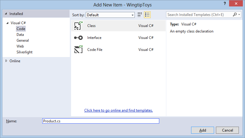 Visual C# が開き、[コード] が選択されている左側の [インストール済み] ウィンドウを示す [新しい項目の追加] ウィンドウのスクリーンショット。