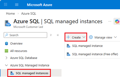 Azure portal の Azure SQL ハブ ページの [SQL マネージド インスタンス] ページのスクリーンショット。[+作成] ボタンが表示されています。