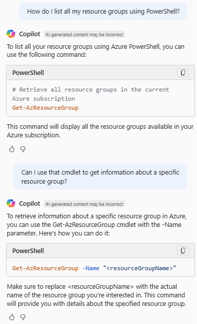 リソース グループを一覧表示する PowerShell コマンドレットを提供する Azure Copilot のスクリーンショット。