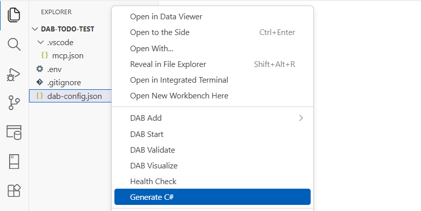 Visual Studio Code エクスプローラーで DAB Code Gen によって生成された C# プロジェクト成果物のスクリーンショット。