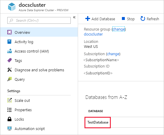 Azure Data Explorer の概要ページとサンプル データベースの選択のスクリーンショット。